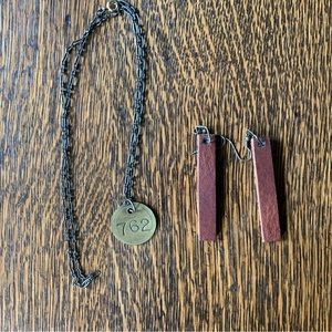 Magnolia earrings and brass tag necklace